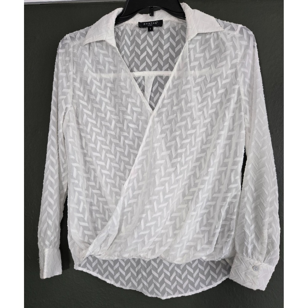 White Sheer Wrap Chevron Textured High Low Top Office Chic Minimalist Size Small